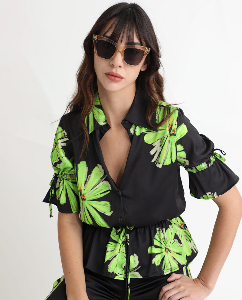 Rareism Women'S Murphy Black Polyester Fabric Short Sleeves Button Closure Shirt Collar Regular Fit Floral Print Top