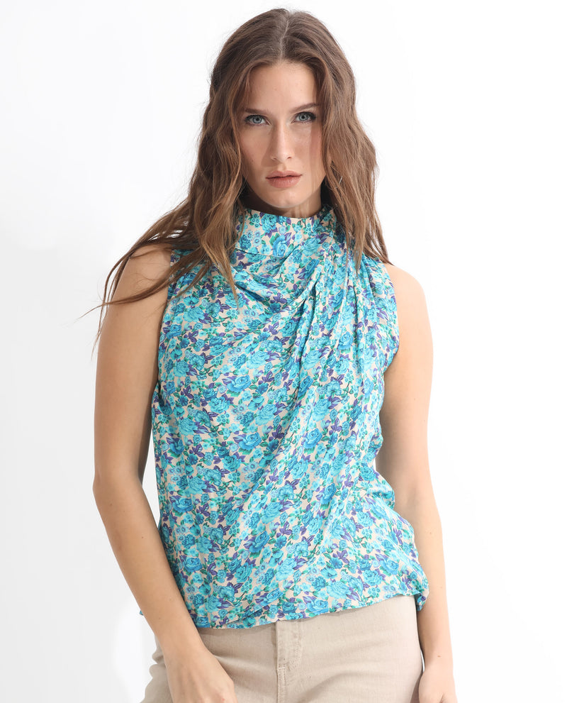 Rareism Women'S Never Blue Cotton Silk Fabric Tailored Fit High Neck Sleeveless Floral Print Top
