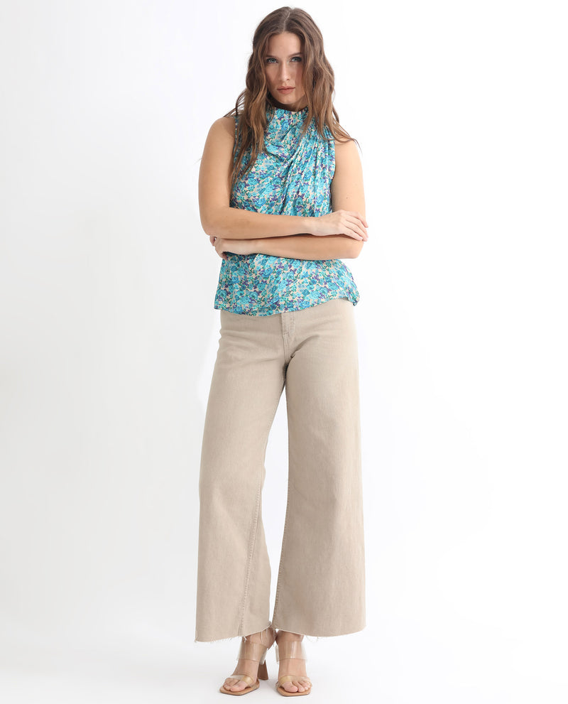 Rareism Women'S Never Blue Cotton Silk Fabric Tailored Fit High Neck Sleeveless Floral Print Top