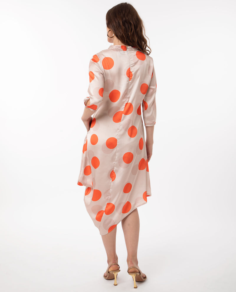 Rareism Women'S Nia Light Beige Polyester Fabric 3/4Th Sleeves Zip Closure High Neck Relaxed Fit Polka Midi Asymmetric Dress