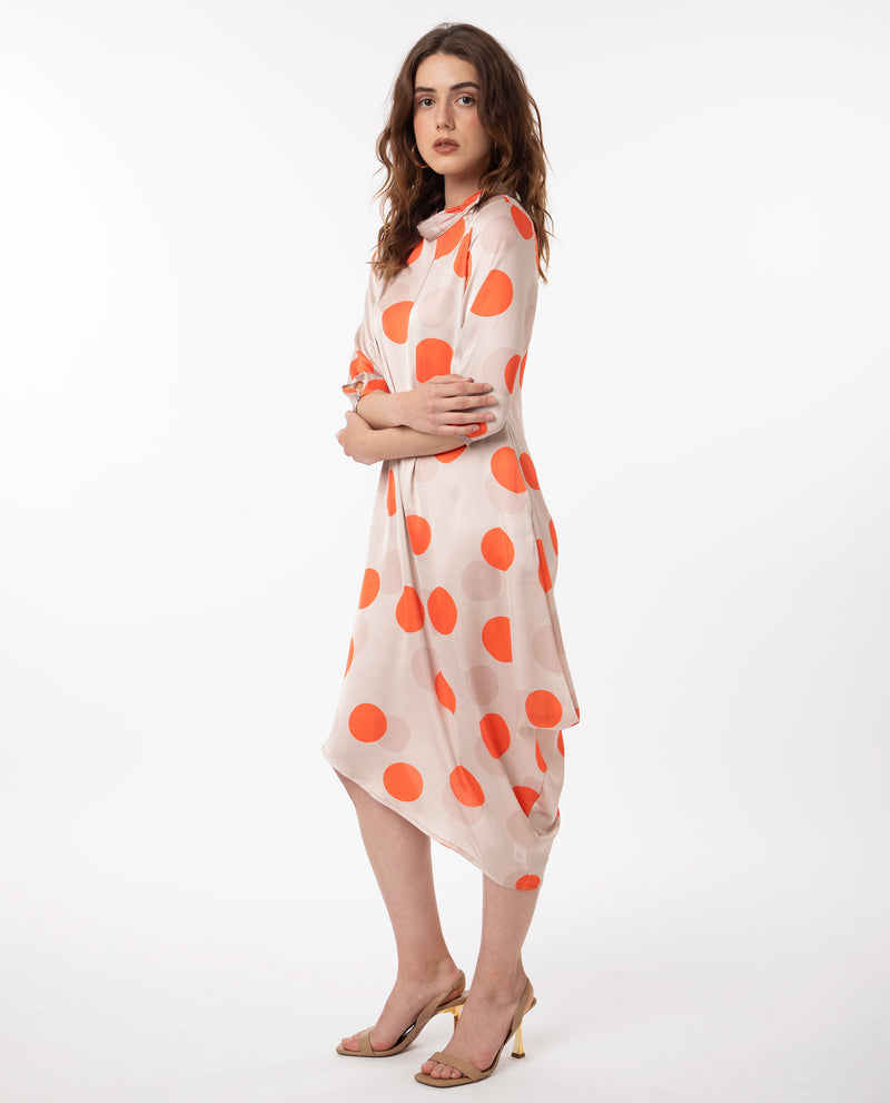 Rareism Women'S Nia Light Beige Polyester Fabric 3/4Th Sleeves Zip Closure High Neck Relaxed Fit Polka Midi Asymmetric Dress