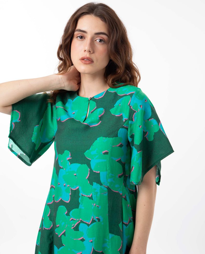 Rareism Women'S Kanda Green Poly Viscose Fabric Short Sleeves Button Closure Round Neck Bell Sleeve Regular Fit Abstract Print Midi Asymmetric Dress