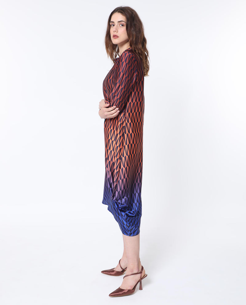 Rareism Women'S Ohren Multi Polyester Fabric 3/4Th Sleeves Zip Closure High Neck Relaxed Fit Geometric Print Midi Asymmetric Dress