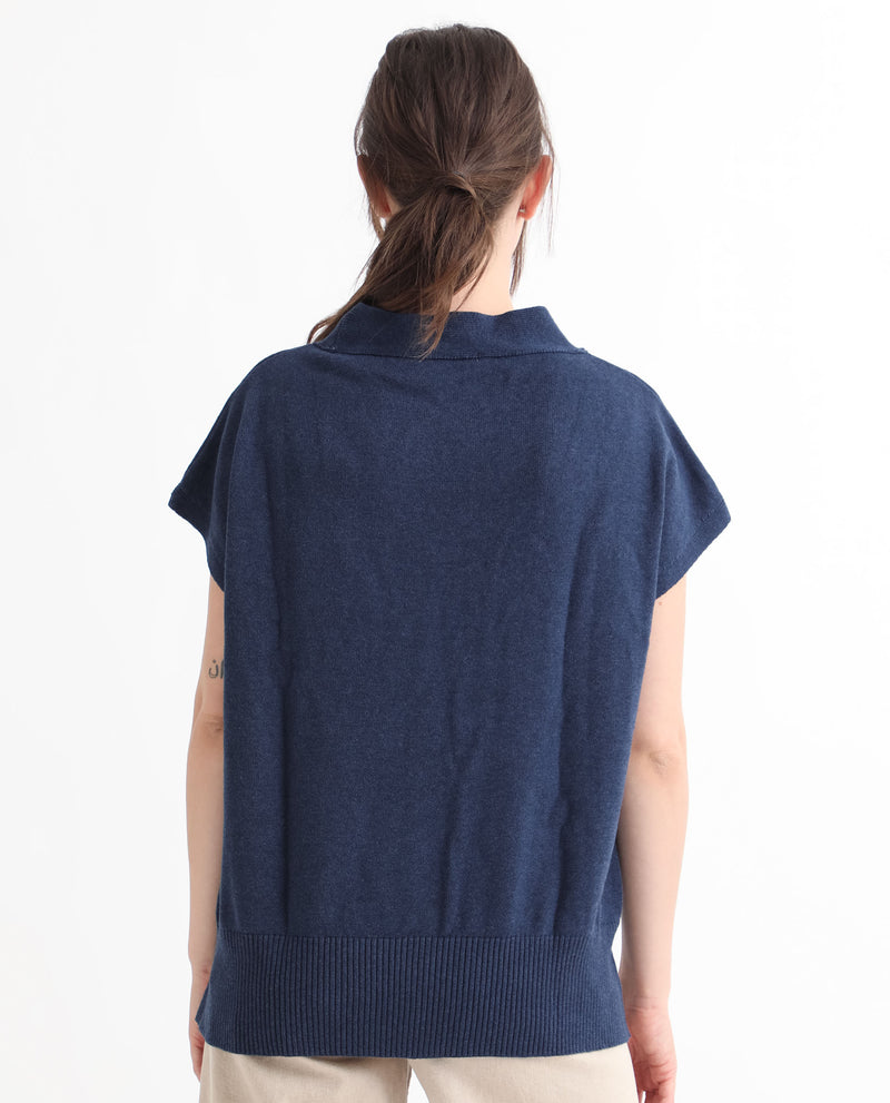 Rareism Women'S Pave Blue Cotton Fabric Half Sleeves Regular Fit Solid V-Neck Sweater