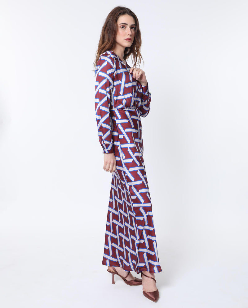 Rareism Women'S Phara Brown Polyester Fabric Full Sleeves Tie-Up Closure V-Neck Regular Fit Geometric Print Maxi Dress