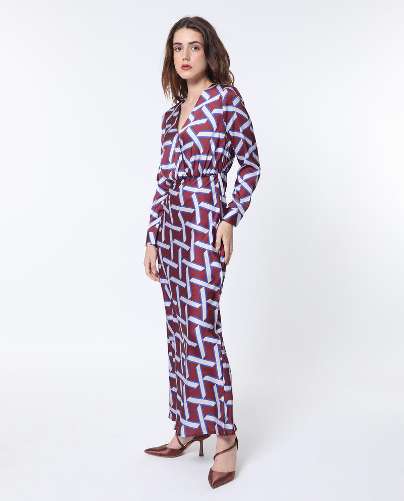 Rareism Women'S Phara Brown Polyester Fabric Full Sleeves Tie-Up Closure V-Neck Regular Fit Geometric Print Maxi Dress