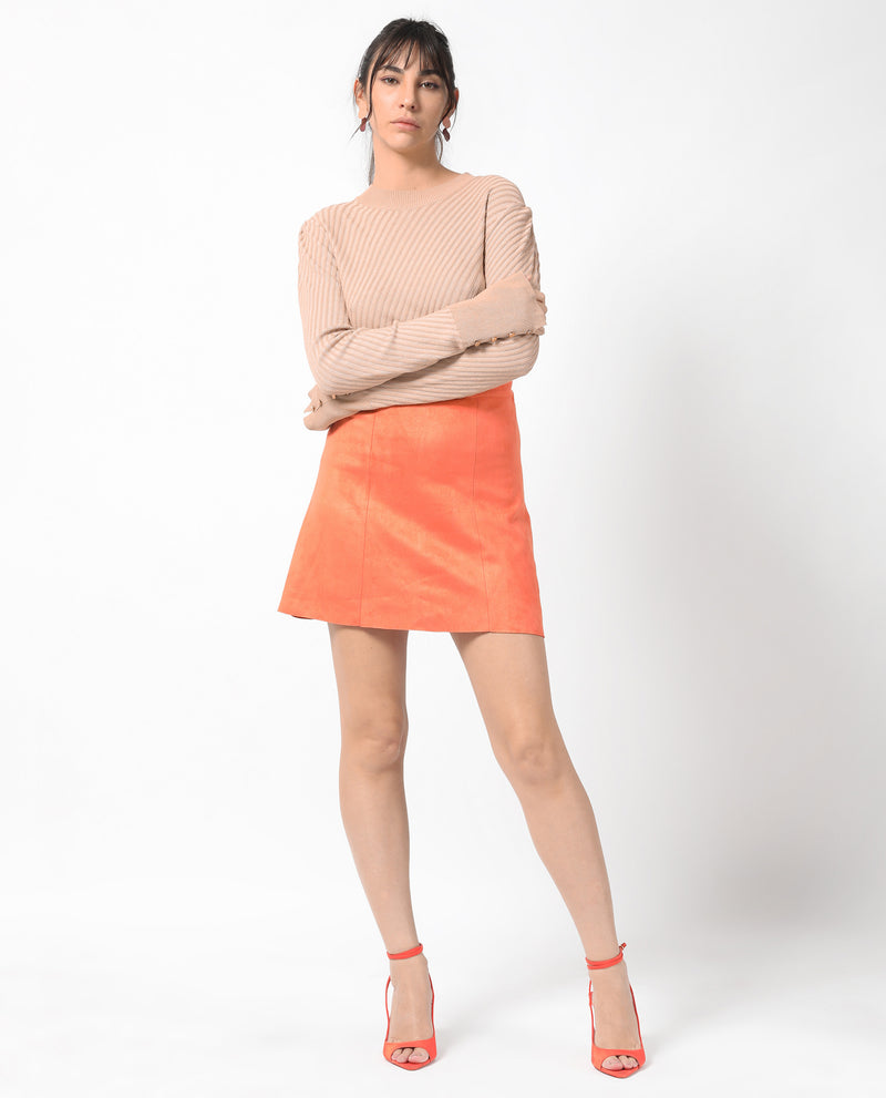 Rareism Women'S Rame Orange Polyester Fabric Regular Fit High Rise Solid Midi Skirt