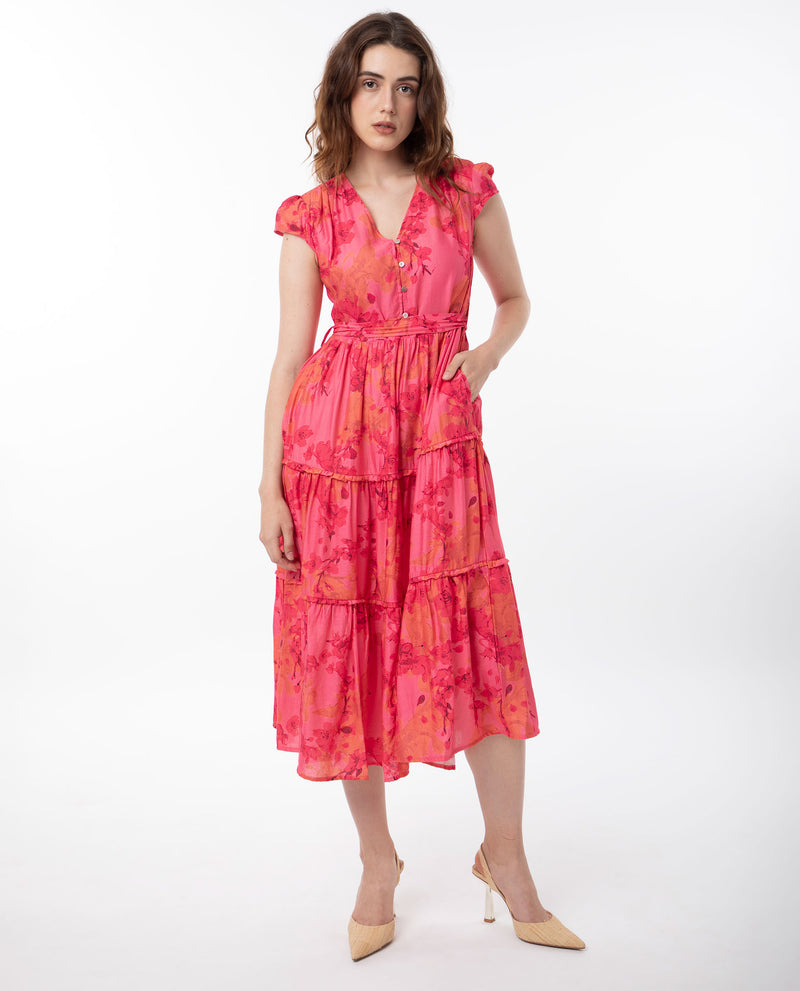 Rareism Women'S Rauena Pink Poly Viscose Fabric Short Sleeves Button Closure V-Neck Cap Sleeve Regular Fit Floral Print Midi Empire Dress