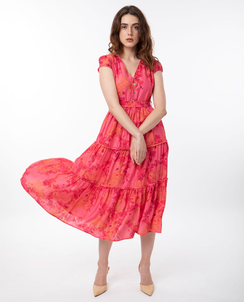 Rareism Women'S Rauena Pink Poly Viscose Fabric Short Sleeves Button Closure V-Neck Cap Sleeve Regular Fit Floral Print Midi Empire Dress