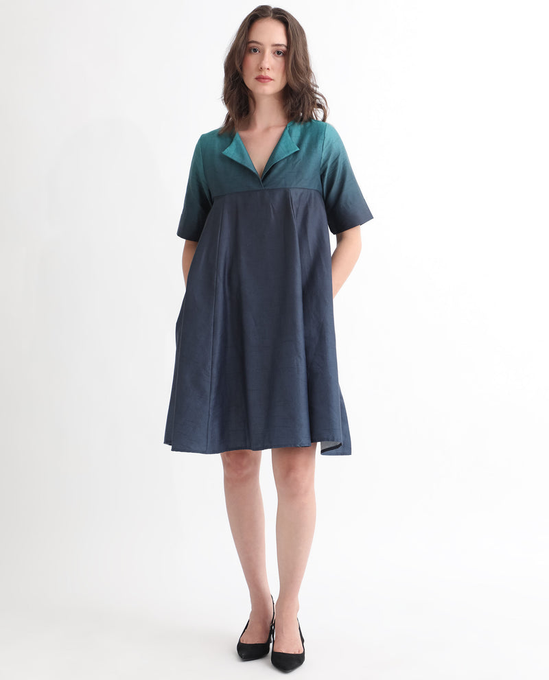 Rareism Women'S Reilly Green Cotton Fabric Short Sleeves Over Lap Fit And Flare Ombre Short Empire Dress