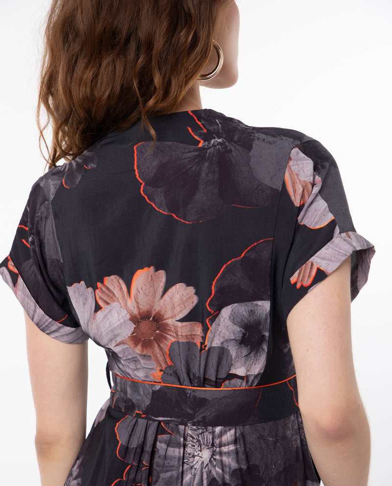Rareism Women'S Ringel Black Poly Viscose Fabric Short Sleeves V-Neck Extended Sleeve Regular Fit Floral Print Maxi Empire Dress