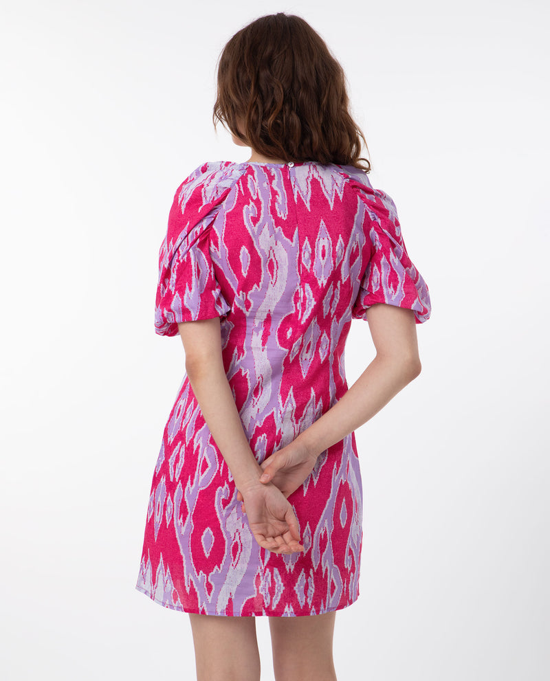Rareism Women'S Roan Pink Cotton Fabric Short Sleeves Zip Closure Round Neck Puff Sleeve Regular Fit Abstract Print Short A-Line Dress