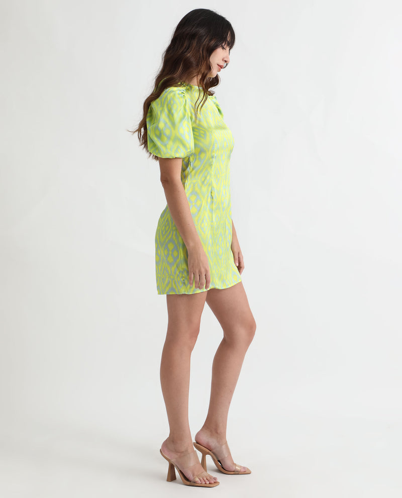 Rareism Women'S Robertson Fluorescent Yellow Polyester Fabric Short Sleeves Zip Closure Round Neck Puff Sleeve Boxy Fit Geometric Print Short Dress