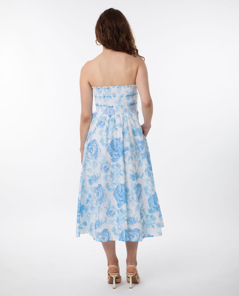 Rareism Women'S Rosen Light Blue Cotton Fabric Sleeveless Tube Neck Shoulder Straps Fit And Flare Floral Print Maxi Empire Dress