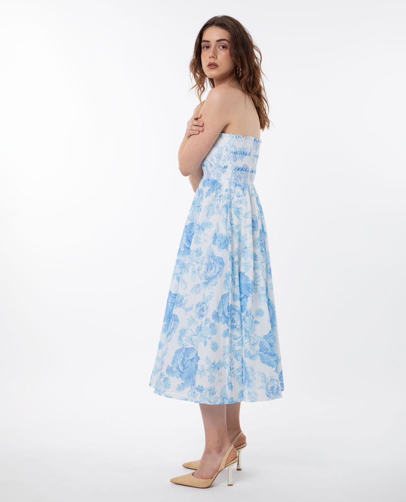 Rareism Women'S Rosen Light Blue Cotton Fabric Sleeveless Tube Neck Shoulder Straps Fit And Flare Floral Print Maxi Empire Dress