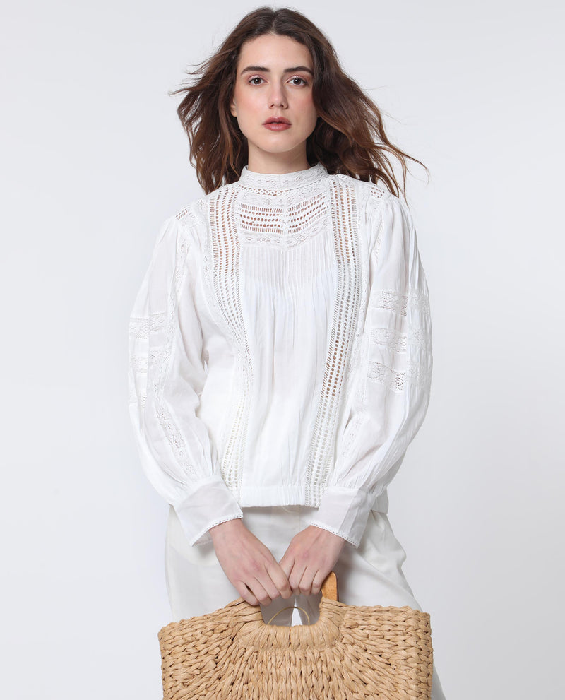 Rareism Women'S Schwan White Cotton Fabric Full Sleeves High Neck Balloon Sleeve Regular Fit Plain Blouse Top