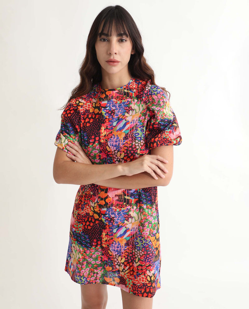 Rareism Women'S Scott Multi Cotton Fabric Short Sleeves Zip Closure Round Neck Puff Sleeve Slim Fit Floral Print Short Asymmetric Dress