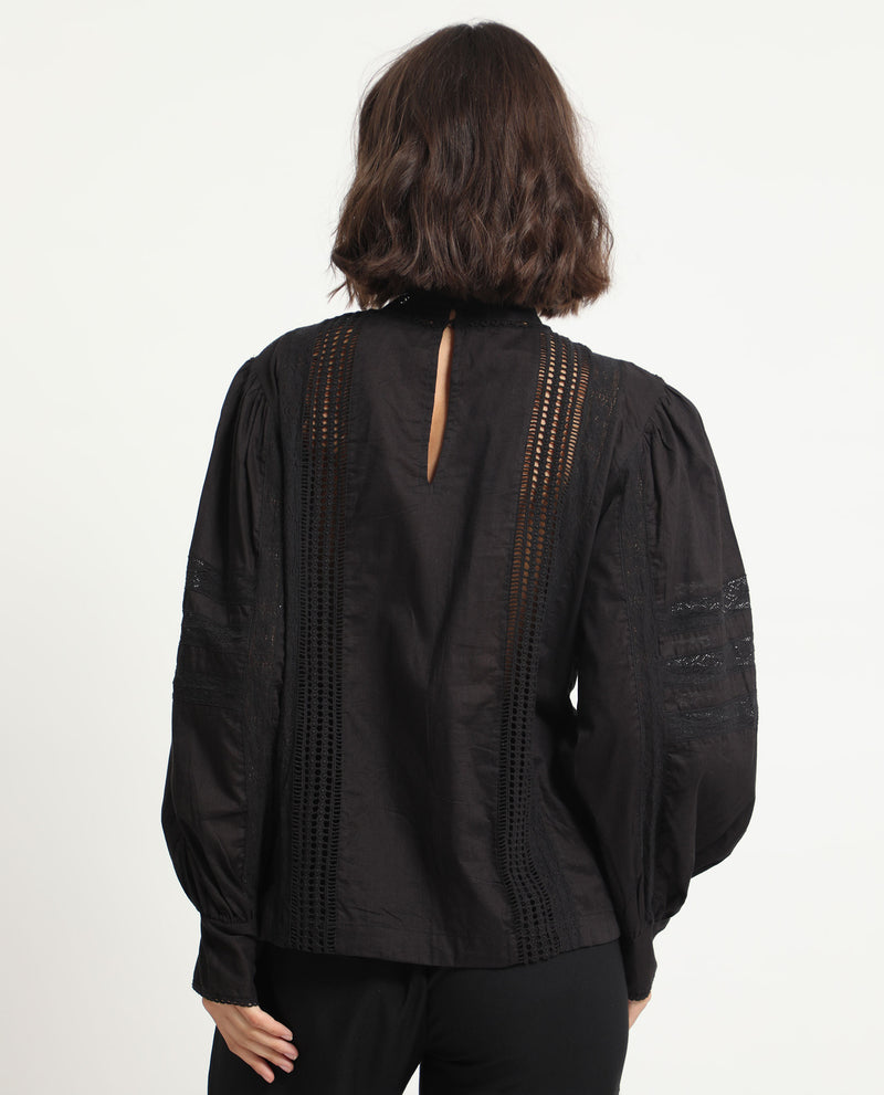 Rareism Women'S Schwan Black Cotton Fabric Regular Fit High Neck Full Sleeves Solid Top