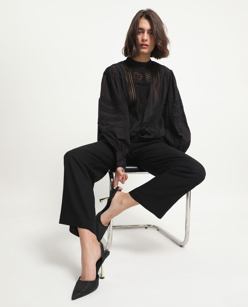 Rareism Women'S Schwan Black Cotton Fabric Regular Fit High Neck Full Sleeves Solid Top
