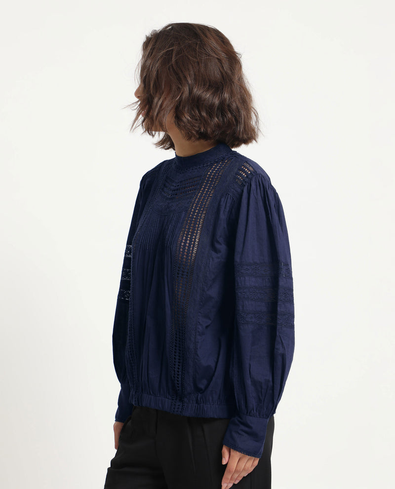 Rareism Women'S Schwan Navy Cotton Fabric Regular Fit High Neck Full Sleeves Solid Top