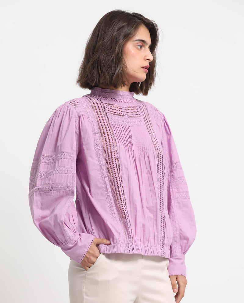 Rareism Women'S Schwan Light Purple Cotton Fabric Regular Fit High Neck Full Sleeves Solid Top