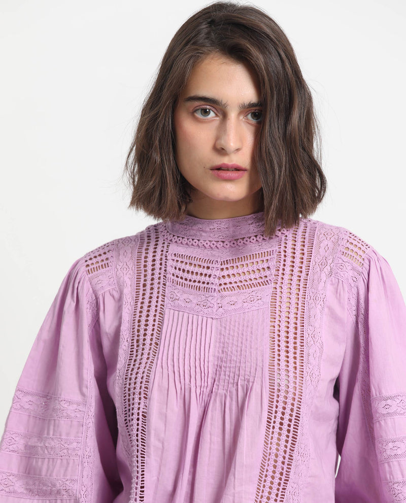 Rareism Women'S Schwan Light Purple Cotton Fabric Regular Fit High Neck Full Sleeves Solid Top