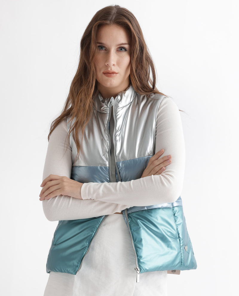 Rareism Women'S Sophia Silver Polyester Fabric Sleeveless Solid High Neck Jacket
