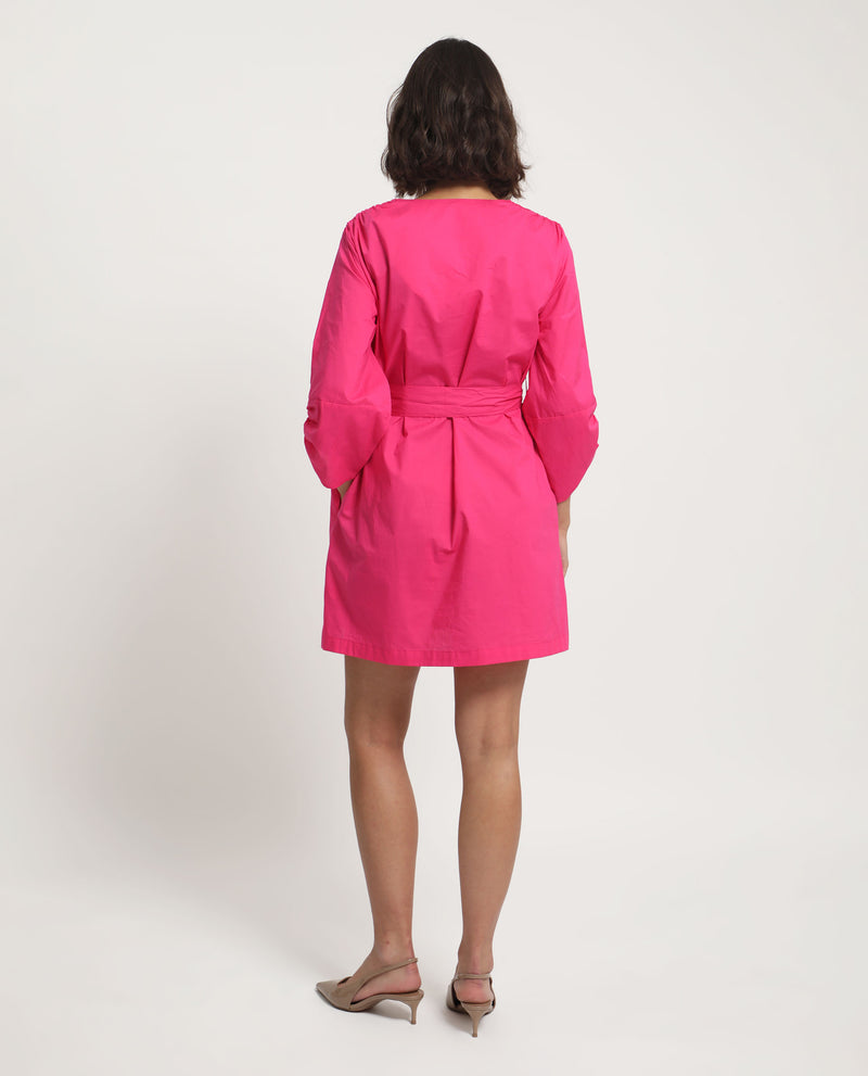 Rareism Women'S Spate Pink Cotton Fabric 3/4Th Sleeves V-Neck Regular Fit Plain Short A-Line Dress