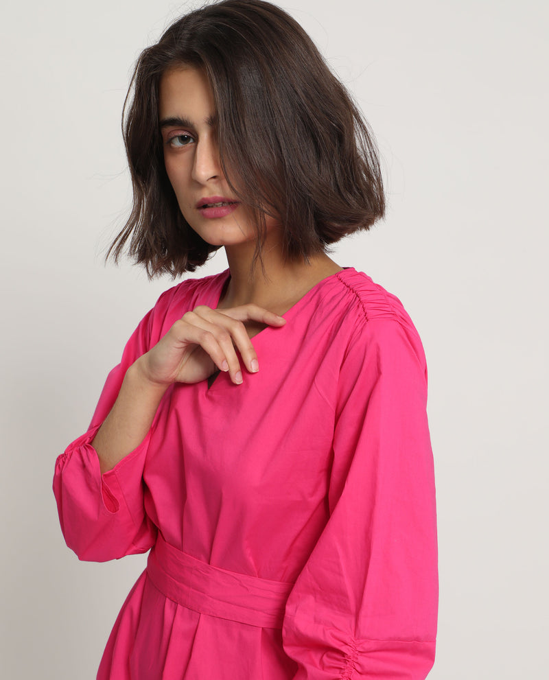Rareism Women'S Spate Pink Cotton Fabric 3/4Th Sleeves V-Neck Regular Fit Plain Short A-Line Dress