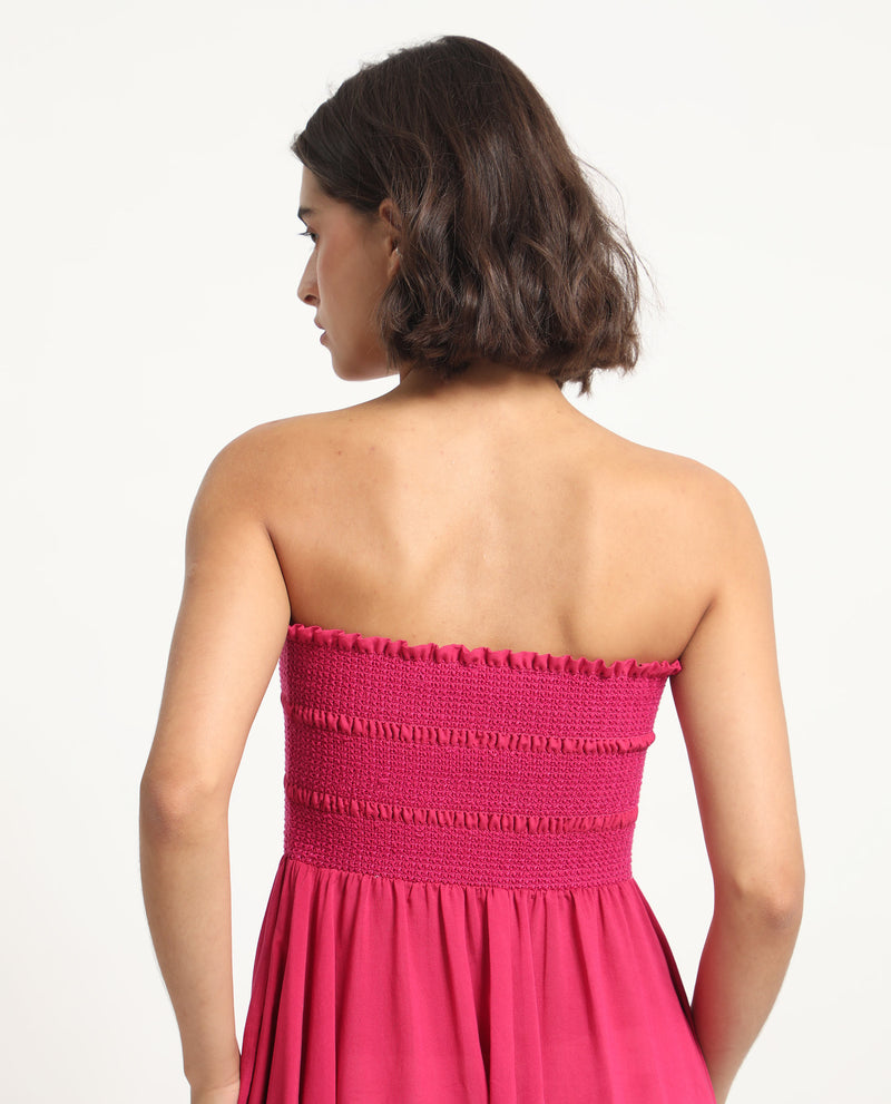 Rareism Women'S Sperb Dark Pink Viscose Nylon Fabric Sleeveless Tube Neck Shoulder Straps Fit And Flare Plain Knee Length Empire Dress
