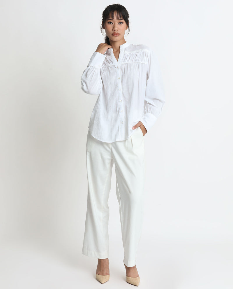 Rareism Women'S Stern White Cotton Fabric Full Sleeves Mandarin Collar Bishop Sleeve Relaxed Fit Plain Blouse Top