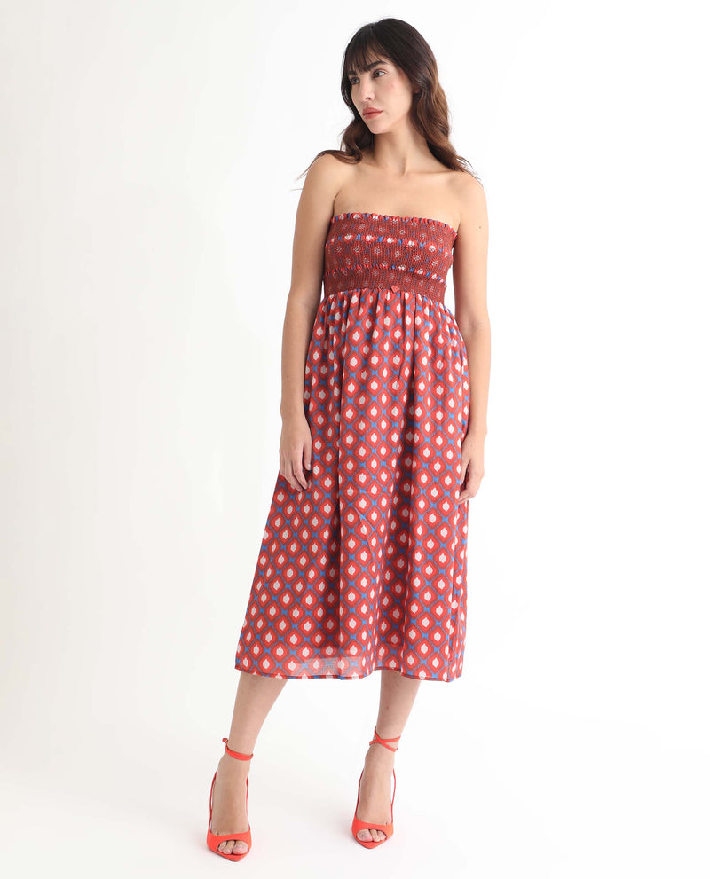 Rareism Women'S Stewart Multi Cotton Fabric Sleeveless Shoulder Straps Fit And Flare Geometric Print Knee Length Empire Dress