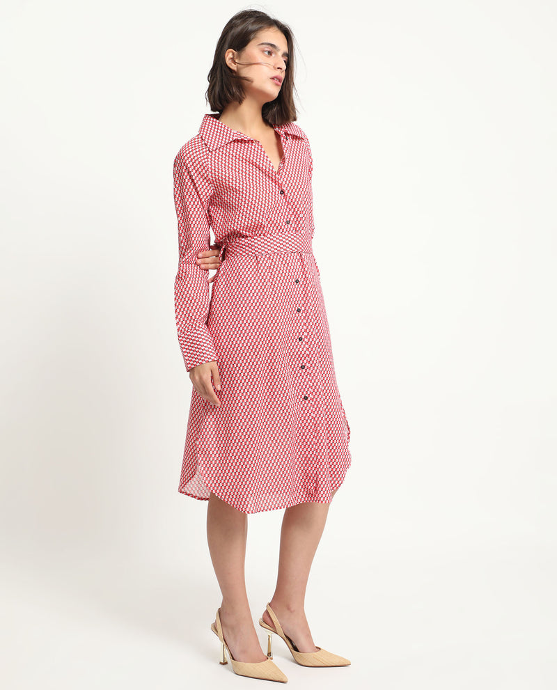 Rareism Women'S Thomson Red Cotton Fabric Full Sleeves Button Closure Shirt Collar Cuffed Sleeve Fit And Flare Checked Midi Boxy Dress
