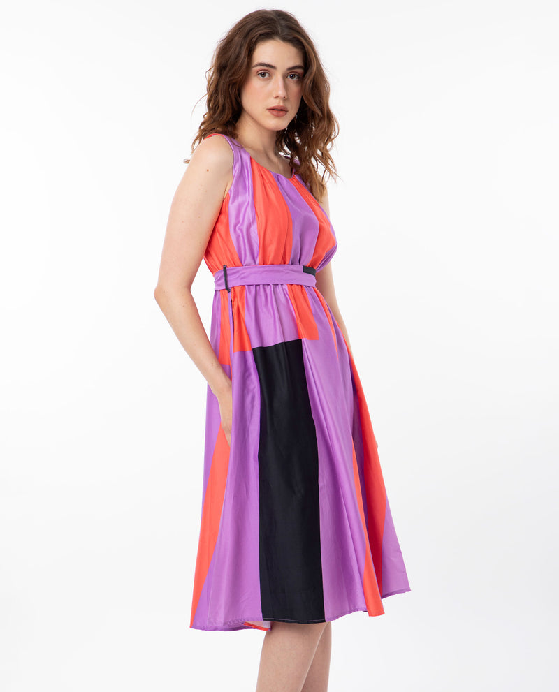 Rareism Women'S Traut Purple Cotton Fabric Round Neck Sleeveless Regular Fit Striped Knee Length Empire Dress