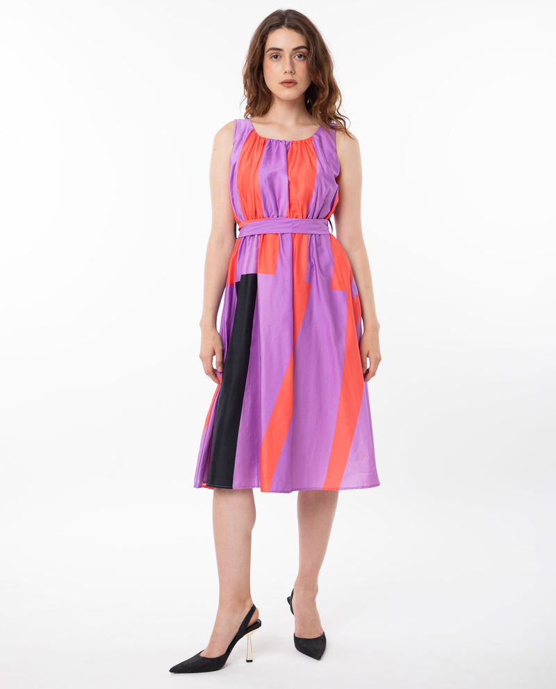 Rareism Women'S Traut Purple Cotton Fabric Round Neck Sleeveless Regular Fit Striped Knee Length Empire Dress