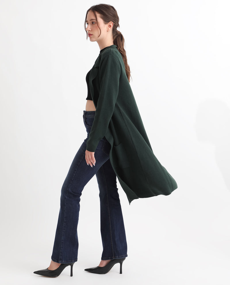 Rareism Women'S Trident Green Cotton Fabric Full Sleeves Knee Length Regular Fit Solid Lapel Neck Sweater