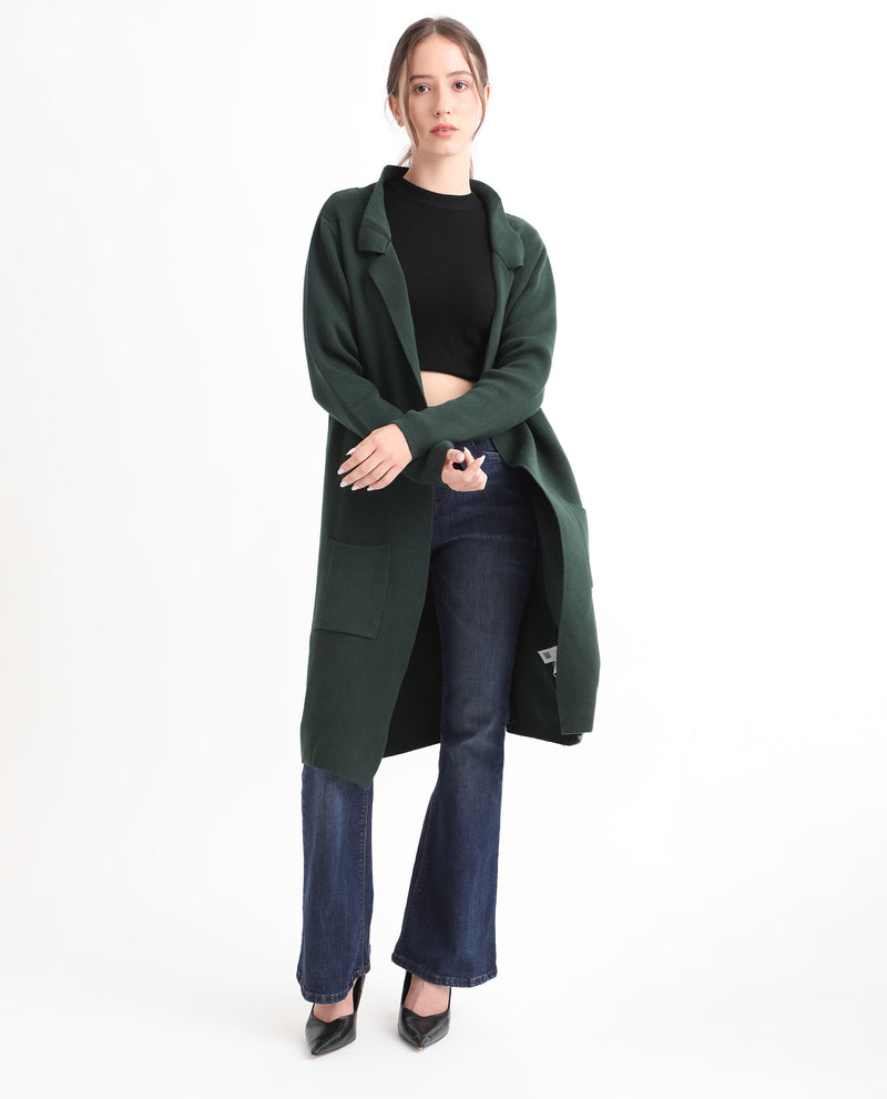Rareism Women'S Trident Green Cotton Fabric Full Sleeves Knee Length Regular Fit Solid Lapel Neck Sweater