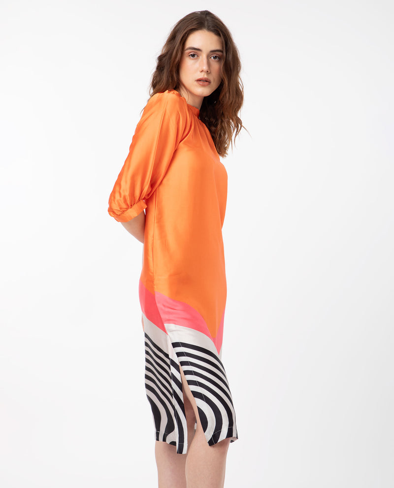 Rareism Women'S Waldsa Orange Cotton Fabric Short Sleeves High Neck Raglan Sleeve Regular Fit Abstract Print Midi A-Line Dress
