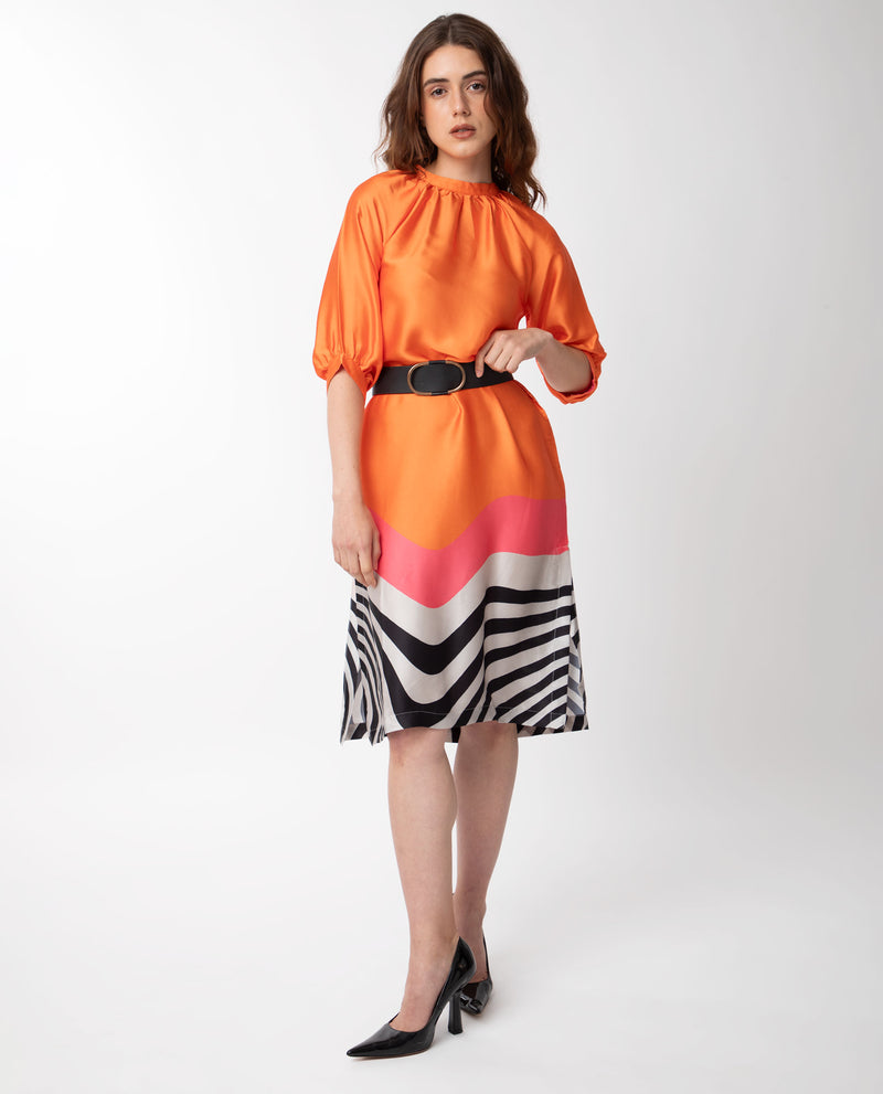 Rareism Women'S Waldsa Orange Cotton Fabric Short Sleeves High Neck Raglan Sleeve Regular Fit Abstract Print Midi A-Line Dress