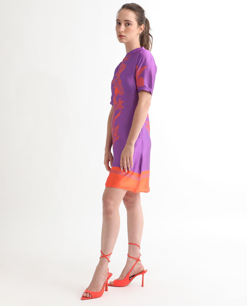 Rareism Women'S Walker Purple Polyester Fabric Short Sleeves Zip Closure High Neck Regular Fit Floral Print Short Boxy Dress