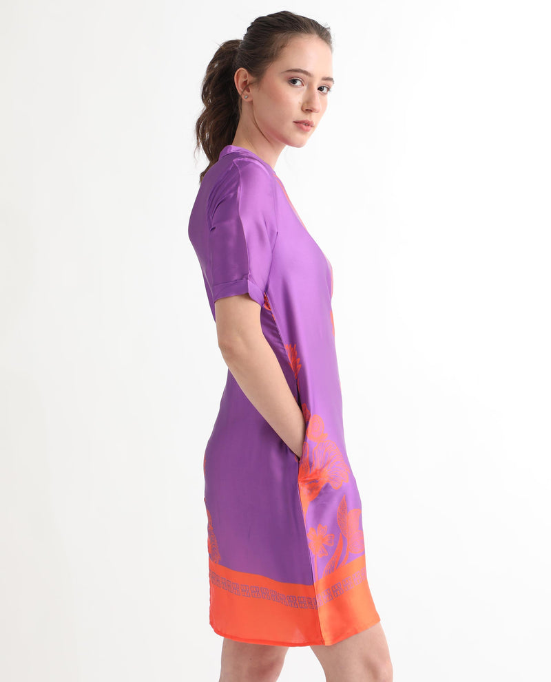 Rareism Women'S Walker Purple Polyester Fabric Short Sleeves Zip Closure High Neck Regular Fit Floral Print Short Boxy Dress