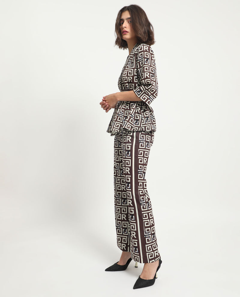 Rareism Women'S Wood Brown Polyester Fabric Drawstring Closure Regular Fit Geometric Print Ankle Length Trousers
