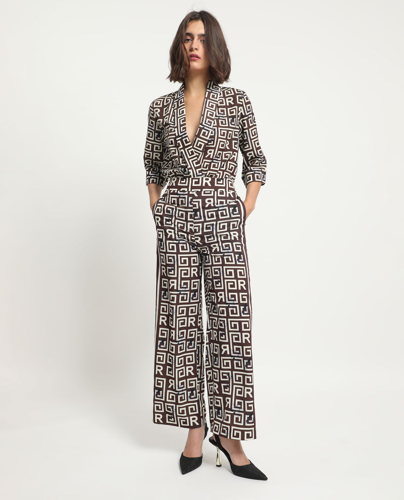 Rareism Women'S Wood Brown Polyester Fabric Drawstring Closure Regular Fit Geometric Print Ankle Length Trousers