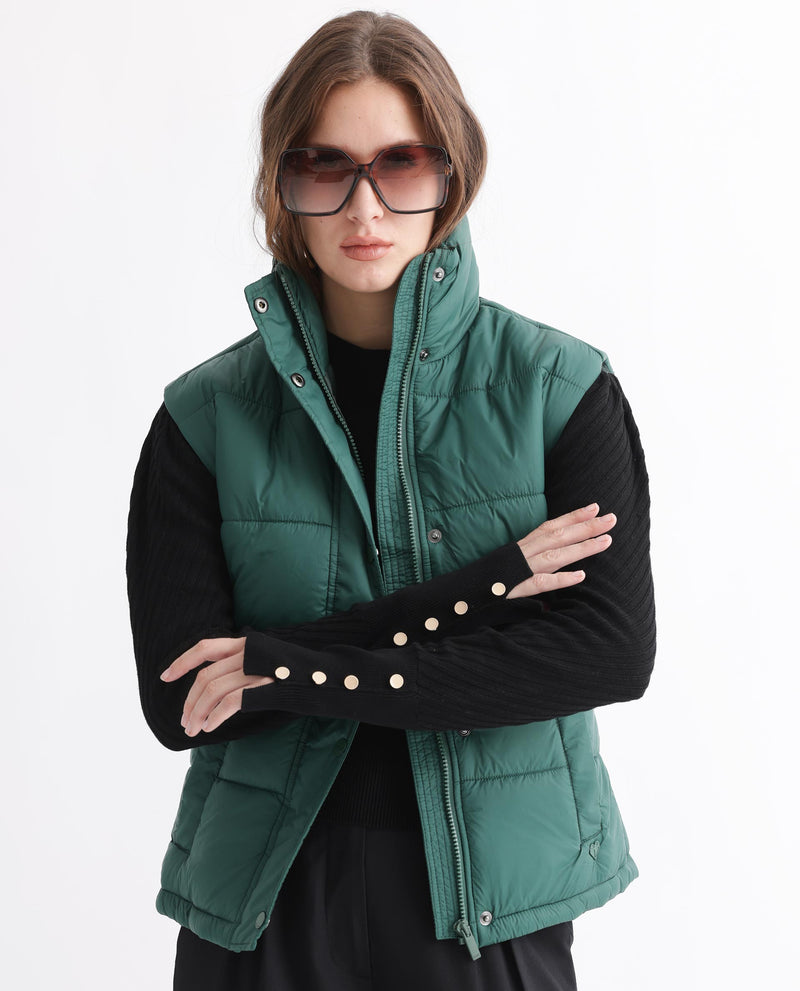Rareism Women'S Ziazan Green Polyester Fabric Sleeveless Solid High Neck Jacket