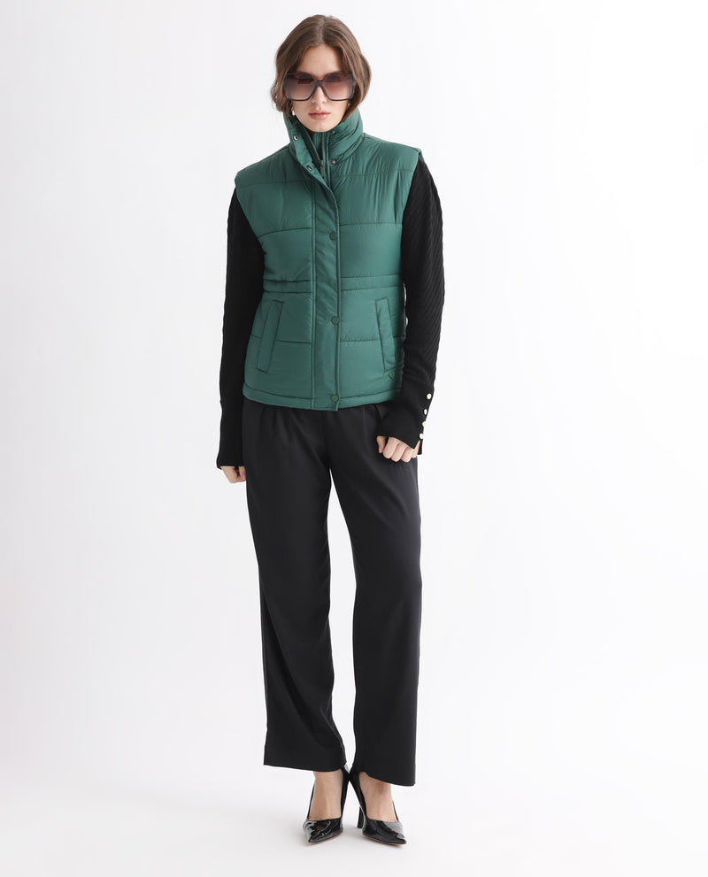 Rareism Women'S Ziazan Green Polyester Fabric Sleeveless Solid High Neck Jacket