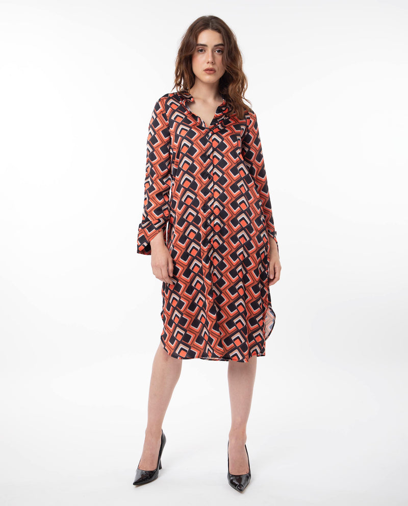 Rareism Women'S Zwerg Orange Polyester Fabric Full Sleeves Button Closure Shirt Collar Raglan Sleeve Regular Fit Geometric Print Knee Length A-Line Dress