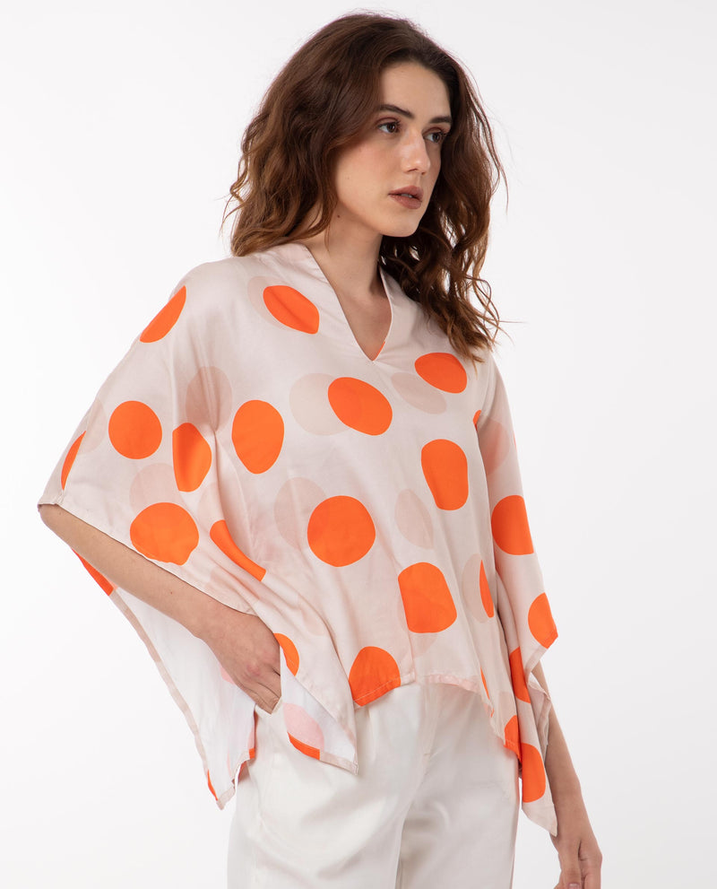 Rareism Women'S Binko Light Beige Cotton Fabric Short Sleeves V-Neck Kimono Sleeve Relaxed Fit Polka Asymmetric Top
