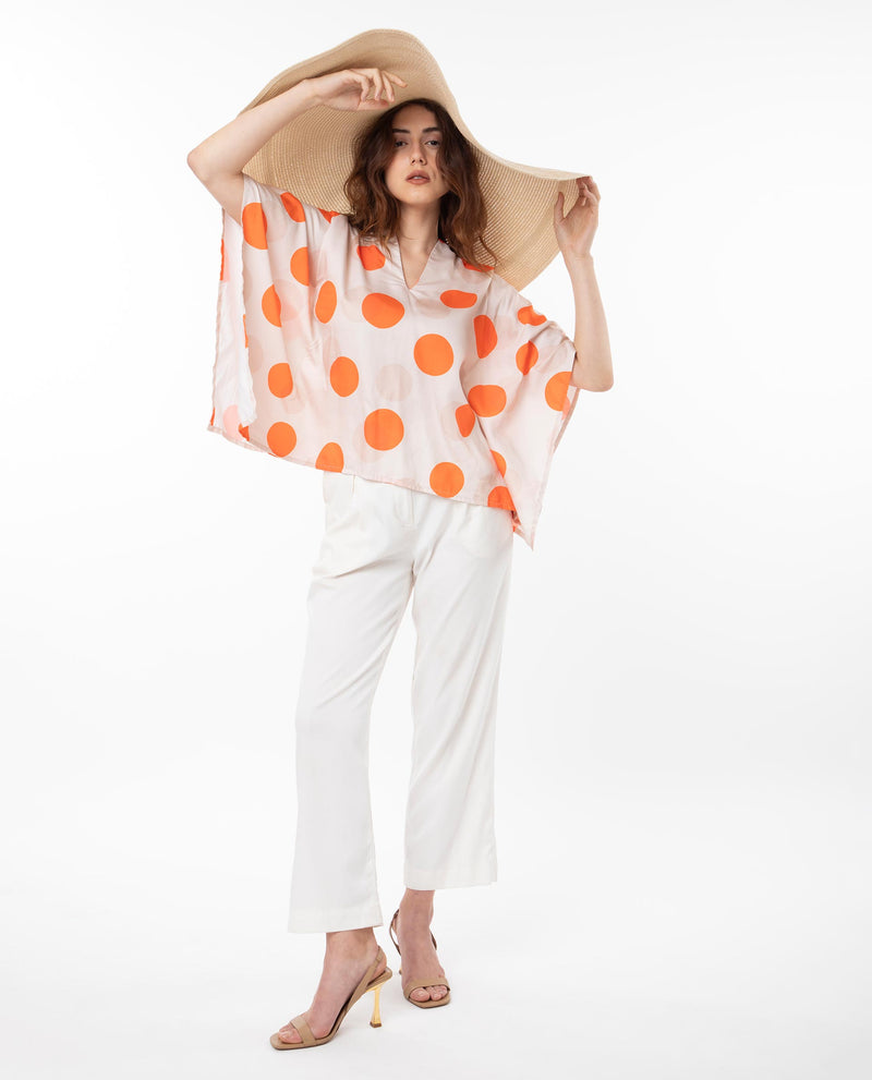 Rareism Women'S Binko Light Beige Cotton Fabric Short Sleeves V-Neck Kimono Sleeve Relaxed Fit Polka Asymmetric Top