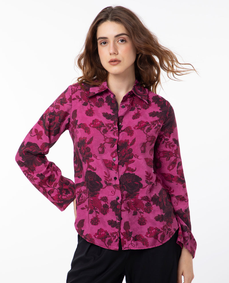 Rareism Women'S Esent Maroon Polyester Fabric Full Sleeves Button Closure Shirt Collar Relaxed Fit Floral Print Top
