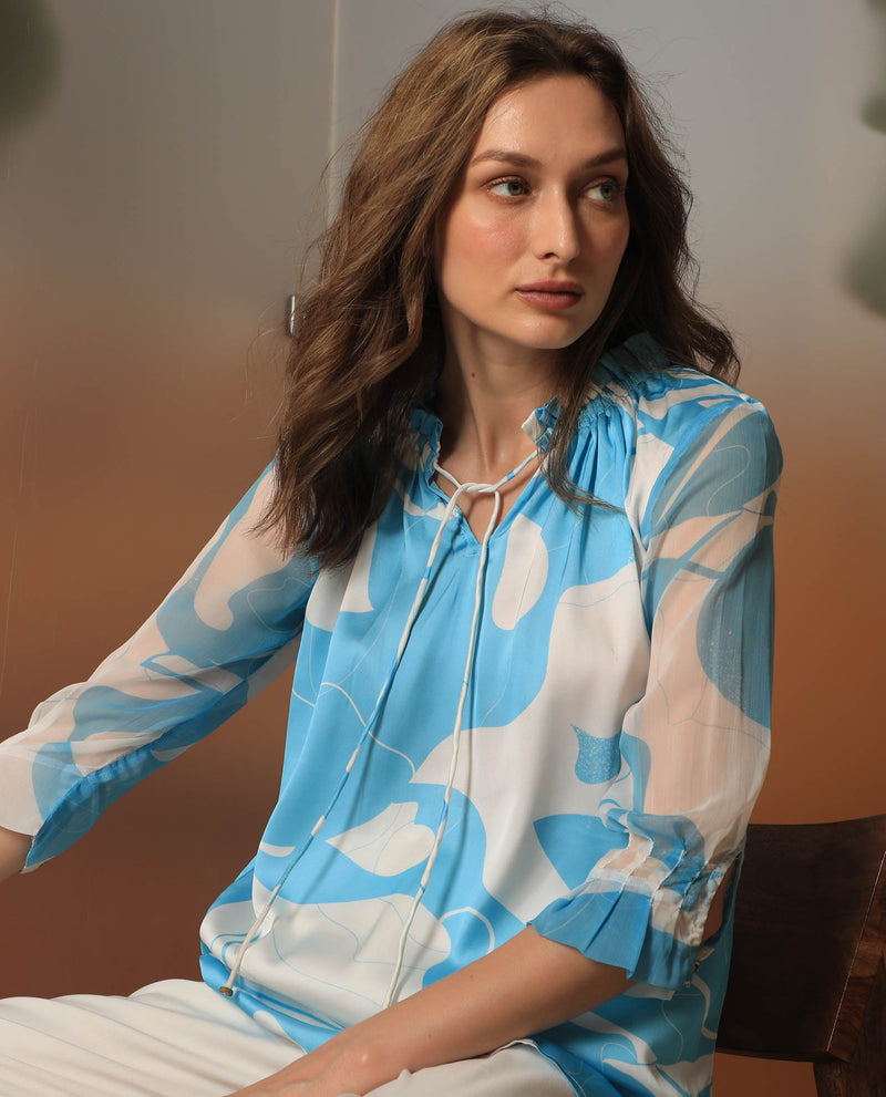 Rareism Women'S Meara Blue Polyester Fabric 3/4Th Sleeves Tie-Up Neck Ruffled Sleeves Regular Fit Abstract Print Top